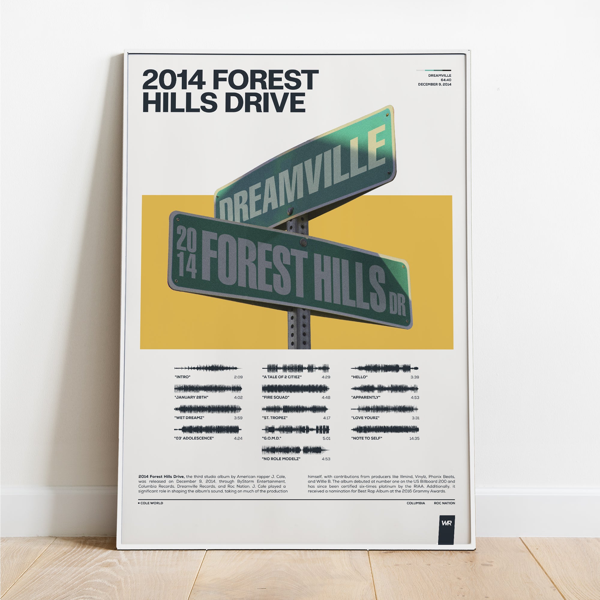 2014 Forest Hills Drive J Cole Soundwave Art - St Tropez Sun Yellow poster white frame