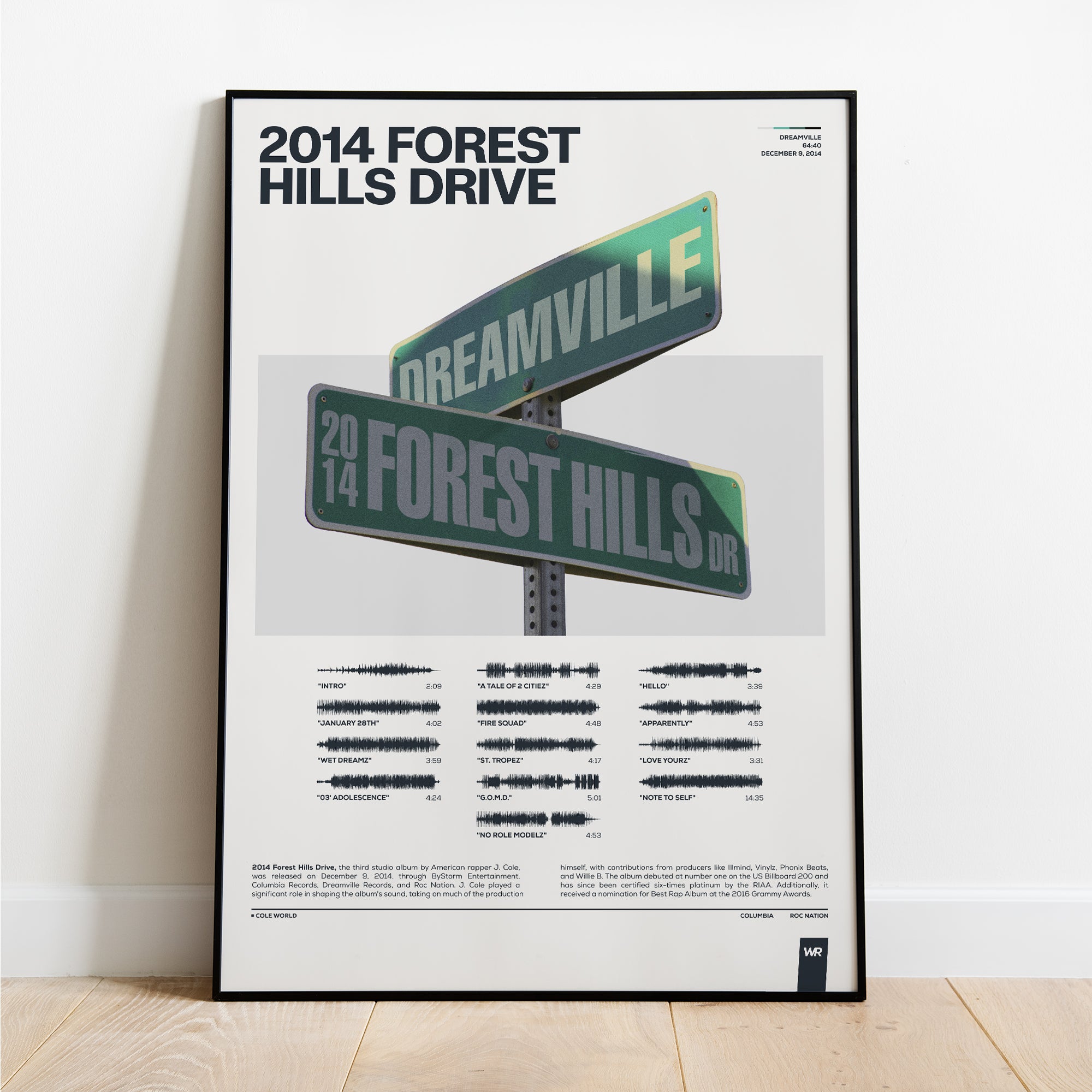 2014 Forest Hills Drive Poster J Cole - Gray with Black Frame
